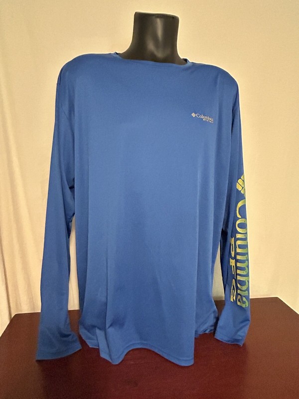 Columbia PFG Mens Shirt XXL 2XL Blue Omni Shade Long Sleeve Spellout Fishing