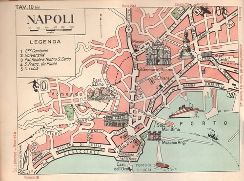 NAPOLI piccola mappa schematica del 1950 con disegni dei principali monumenti