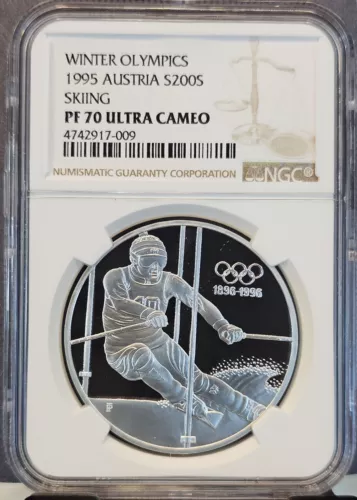 1995 AUSTRIA SILVER 200 SCHILLINGS SKIING NGC PF 70 ULTRA CAMEO PERFECTION
