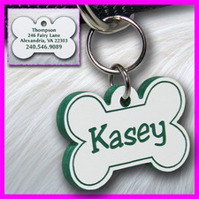 Personalized Custom Engraved Plastic Pet ID Tag 2-sided Bone Shape White / Green