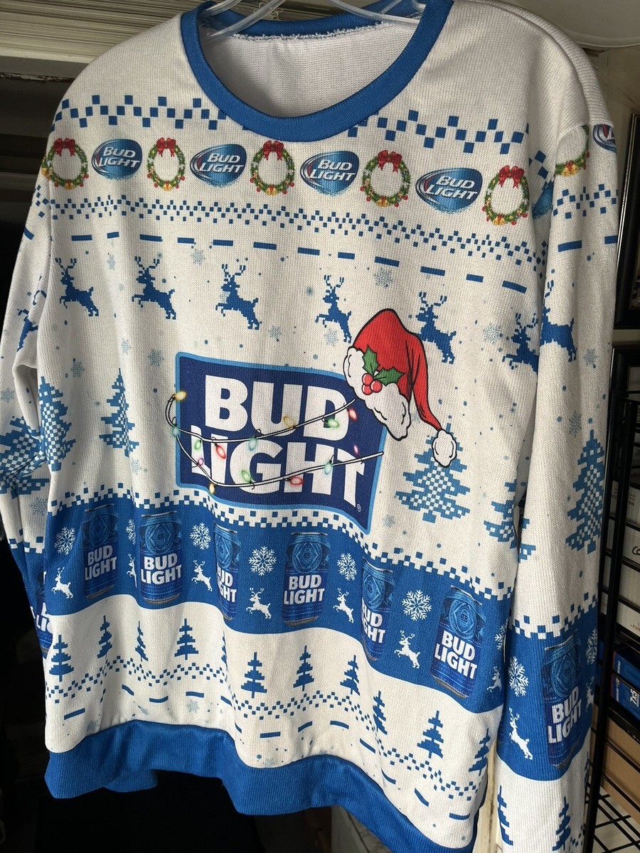 Bud Light White Ugly Sweater Size LARGE Unisex Christmas Holiday Sweater  Beer