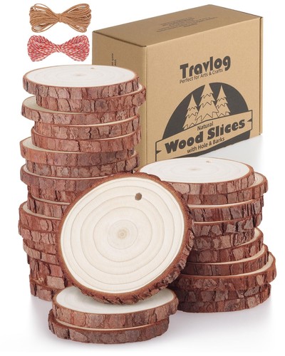 Unfinished Wood Slices with Hole Natural Wood Circles Blank with Bark for DIY...
