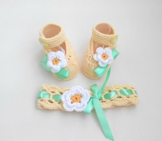 yellow outfit baby girl, easter baby dress knitted booties headband image 6
