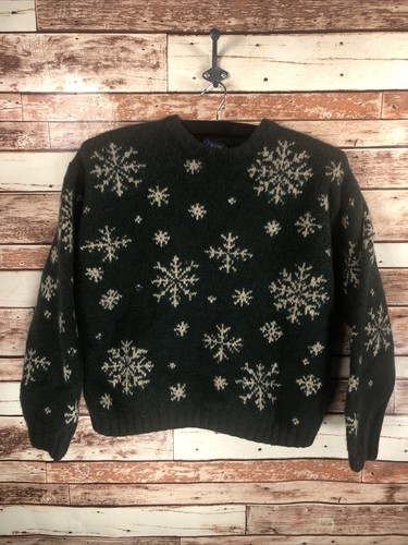 Wool Knit Snowflake Green Sweater Size 