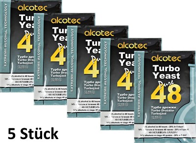 5 X Turbohefe Alcotec Pure 48 Vodka Alkohol Gärhefe Weinhefe Brennhefe 14% 20%
