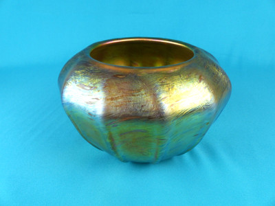 1996 Lundberg Studios Gold Iridescent Dore Art Glass Vase Bowl Tiffany Style #2
