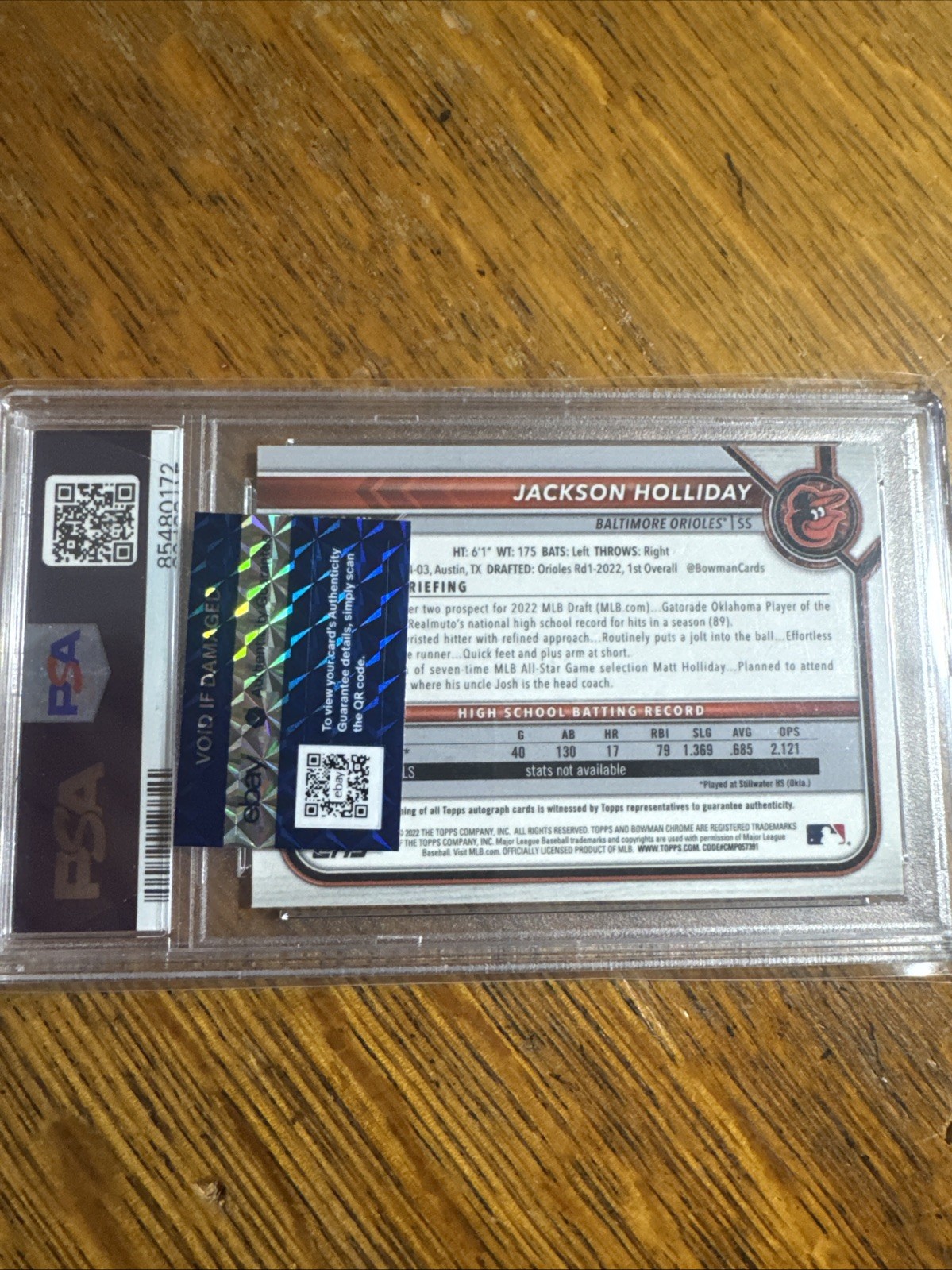 2022 Bowman Draft Chrome 1st Auto Jackson Holliday Purple Refractor /250 PSA 9 view 2