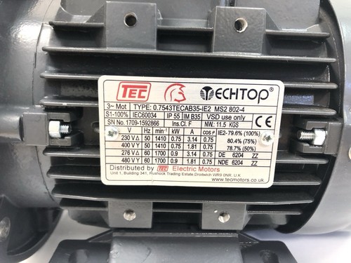 TEC 0.75kW (1HP) 3-Phase Electric Motor 1410RPM 80 Frame B35 Foot/Flange 19mm - Picture 2 of 8