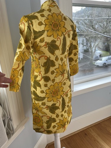 Vintage 60’s MOD SILK Tunic Mini Dress XS S 4 Mustard Yellow Floral High Neck, Size XS, $57 - Photo 5