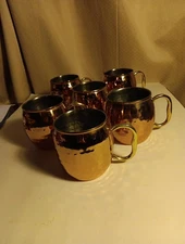 Godinger Set 6 Hammered Copper Plate Over Stainless Steel Mugs Brass Handle 16oz