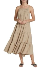 Elie Tahari Tiered Midi Dress Beige Pale Clay Button Front Side Pockets XL NWT