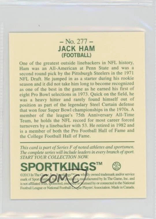 2013 Sportkings Series F Mini Jack Ham #277 HOF - Image 2 of 2