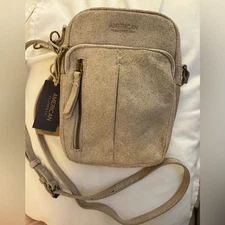 American Leather Co Cleveland Leather Crossbody Stone Shimmer-NWT!