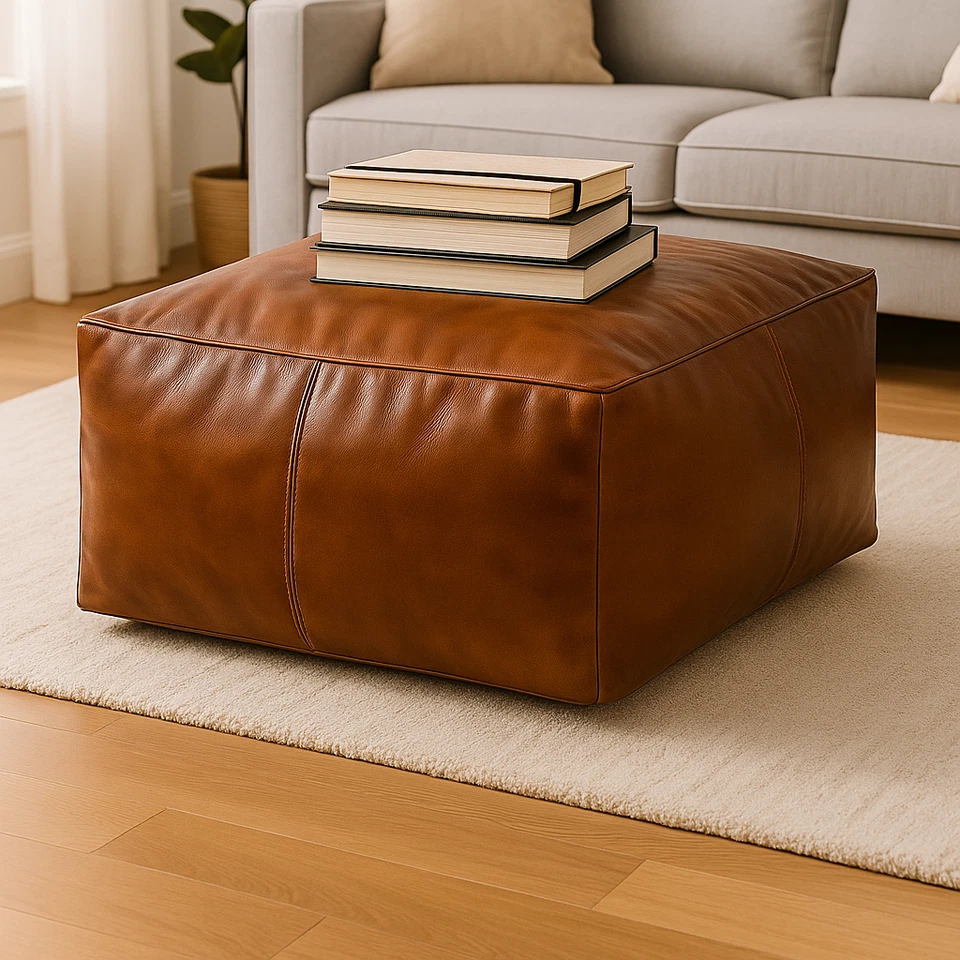 Moroccan Genuine Leather Pouf – Handmade Ottoman Footstool – Brown - Image 3 of 4
