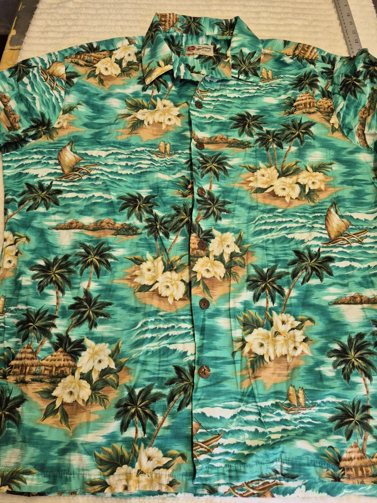 Hilo Hattie Shirt Mens XL Blue Hawaiian Scenic Beach Aloha Made Hawaii Rayon