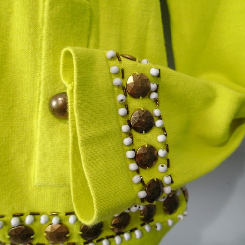 MICHAEL SIMON Neon Lime Yellow L Cardigan Bronze White Beading studds - Picture 3 of 12