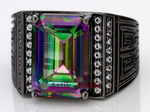 Naturale Topazio Mistico & Cz con Nera Placcato Rodio Argento Ring per Uomo #860 - Foto 6 di 11