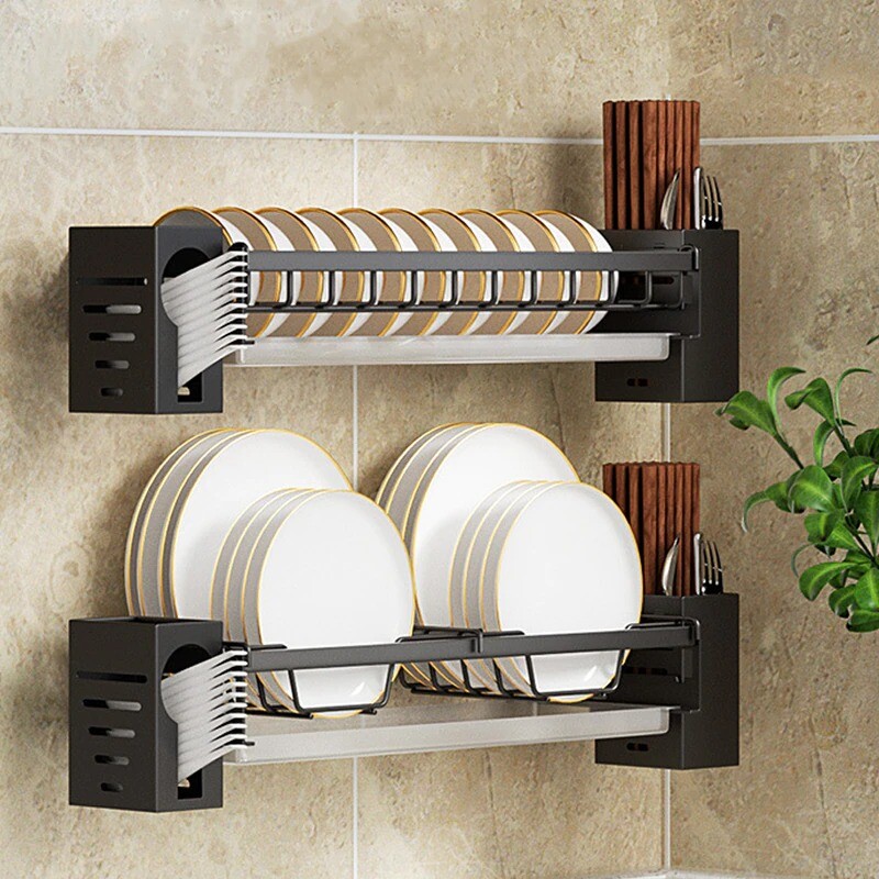 Kitchen Organizer Storage Shelf Dish Rack Wall-mounted Multifunction Drain