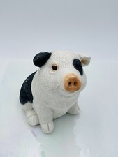 Vintage Wind Up Resin Musical Pig White And Black Spots 6" Tall