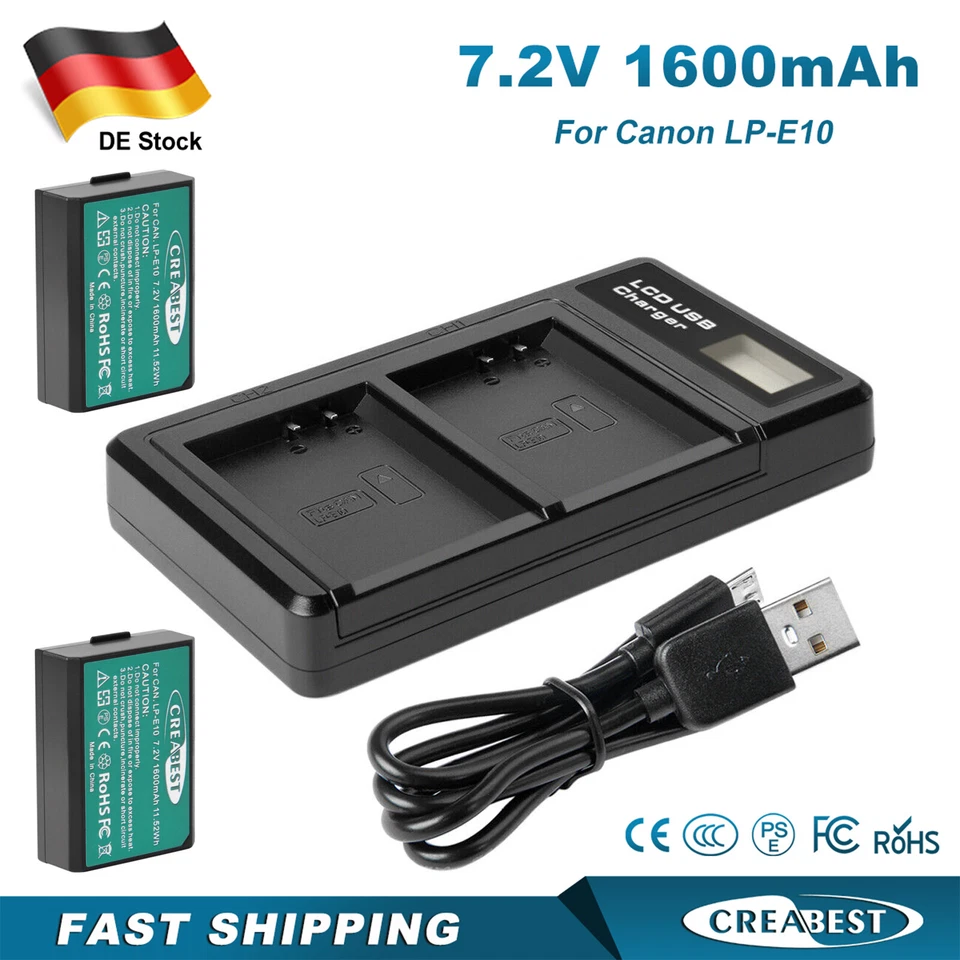 CREABEST 2Pcs 1600mAh LP-E10 Akku+ Ladegerät Für Canon EOS 2000D 1300D 1200D 1100D T5 T6