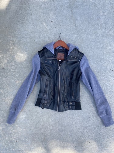 Beverly Hills Polo Club Faux Black Leather Jacket 00's Look Hooded Goth Biker
