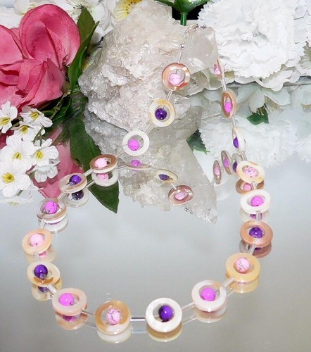 Halskette Perlmutt natur weiss Donut Perlen lila flieder rosa 353q - Bild 2 von 8