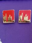 Red Gold Enamel City Sky Line Earrings Post