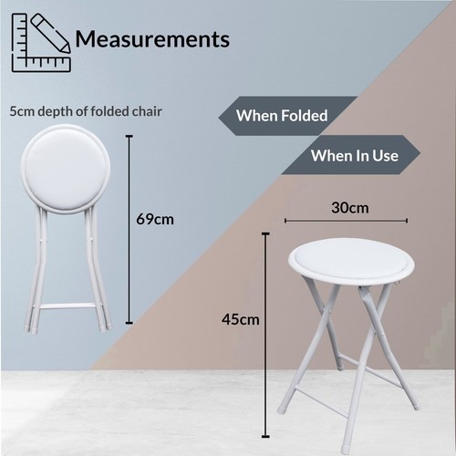 WHITE FOLDING STOOL ROUND FOLDABLE METAL FOR SPACE SAVING STOOLS PADDED SEAT - Picture 4 of 13