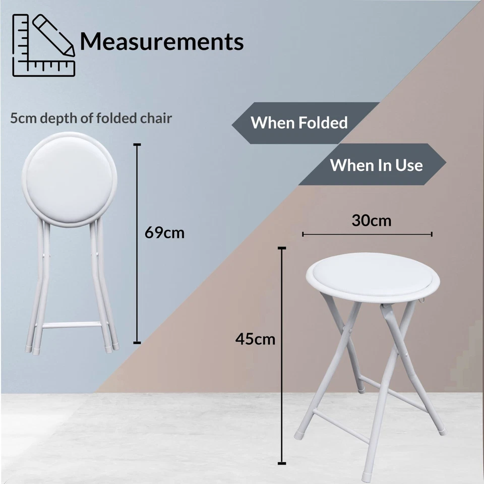 WHITE FOLDING STOOL ROUND FOLDABLE METAL FOR SPACE SAVING STOOLS PADDED SEAT NEW - Image 4 of 4