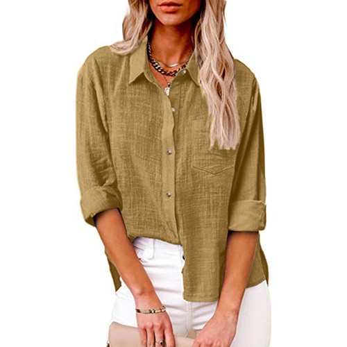 Womens Cotton Linen Button Down Shirt 2024 Fall Casual Long Sleeve Tops w/Pocket - Picture 10 of 29