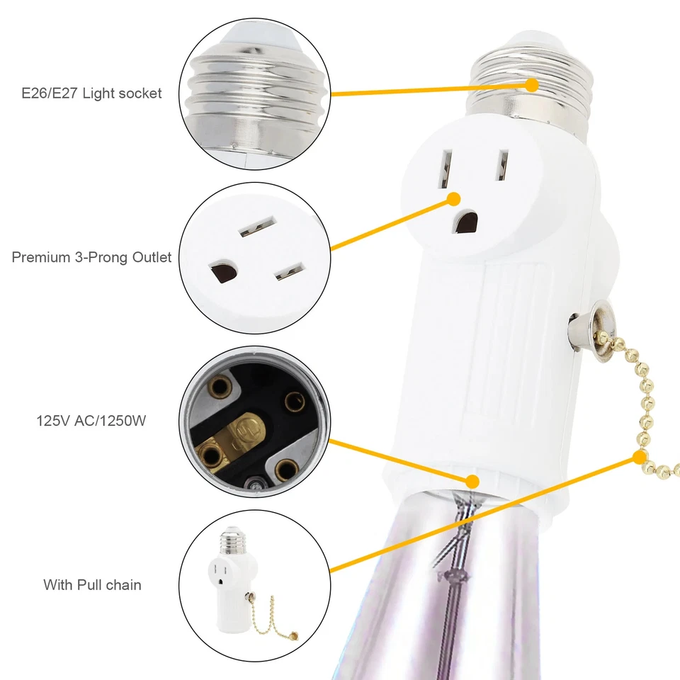 Paquete de 4 adaptadores de enchufe a enchufe de luz de 3 clavijas con divisor de bombilla de cadena de tracción E26/E27 Foto 3 de 4