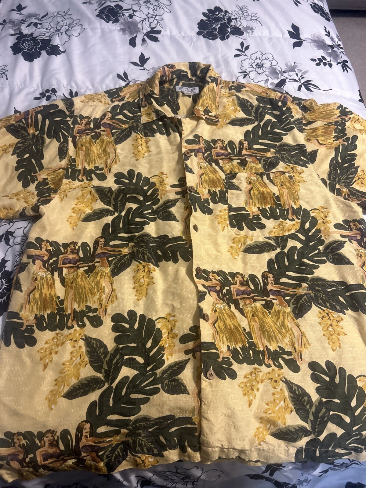 Peter Tilokani Mens Hawaiian Hula Girl Short Sleeve Button Down Shirt Silk Sz XL