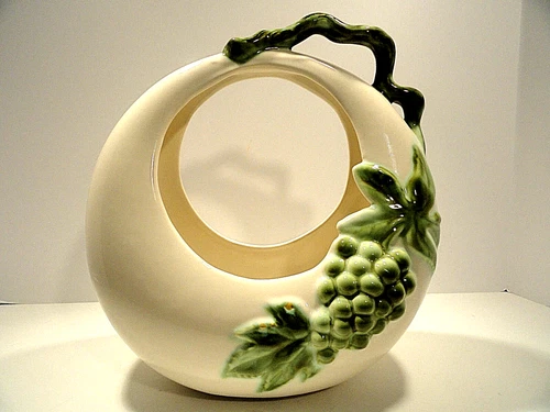 Hull Tokay Pottery Moon Basket Vase White with Green Grapes