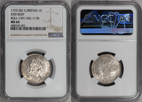 Great Britain 1723-SSC George I Silver Shilling NGC MS-64 SECOND BUST RARE!! - Picture 2 of 4