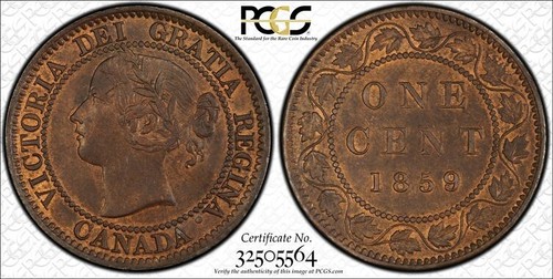 1859/8 PCGS AU58 Wide 9 Medaglie Asse Canada Grande Un Centesimo - Penny - 1C - LATTINA