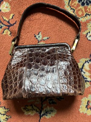 Brown Alligator VINTAGE 40s 50s PURSE Top Handle Bag Brass