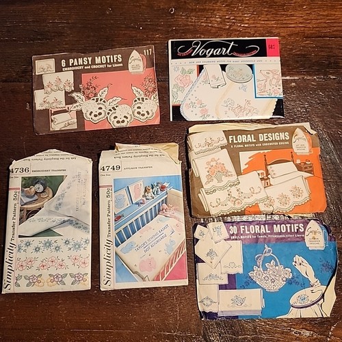 Lot of 6 Vintage Embroidery Patterns Iron on Transfers Deer Basket Floral