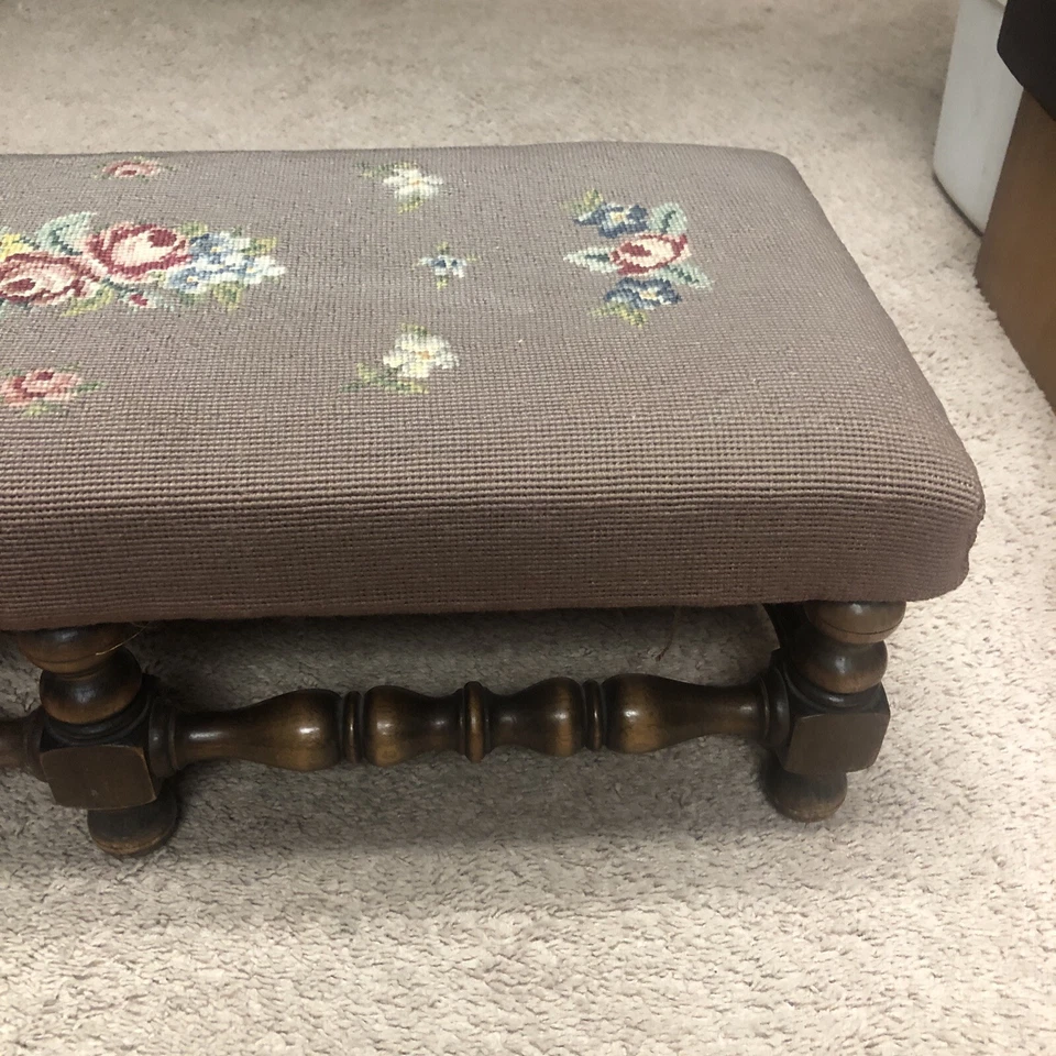 Antique Wood KITTENGER Footstool Ottoman Embroidered Needlepoint Flowers Rare - Image 4 of 4