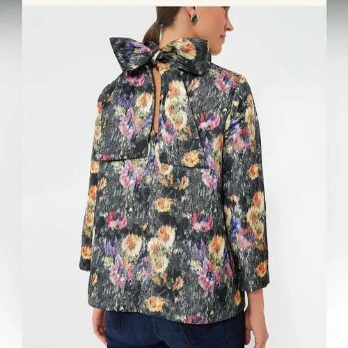 Tuckernuck NEW Midnight Primrose Jacquard Floral Monet Bow Blouse Size Medium - Picture 2 of 5