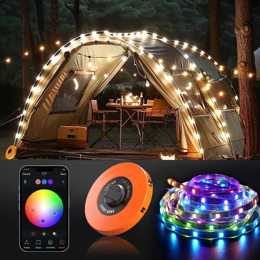Camping Lights String,Tape Tent Lights RGB with 100 Modes Music Sync Color Ch...