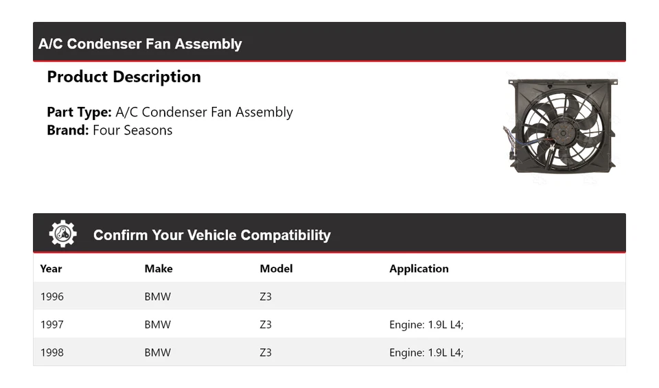 Conjunto de ventilador condensador aire acondicionado BMW Z3 1996-1998 4 estaciones 1997 Foto 2 de 4