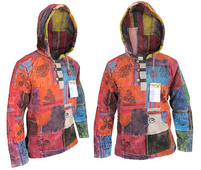 Abuelo Sudadera Algodón Grueso Patchwork Símbolos Estampado Hippy Om Nepalí 