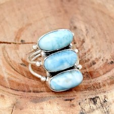 Larimar Gemstone Ring Statement Band Ring 925 Sterling Silver Ring, Boho Ring
