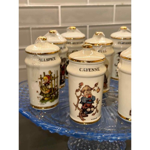 M J Hummel Porzellan Küche Gewürzgläser 24kt Gold Zierleiste Vintage 1987 8er Set - Bild 2 von 8