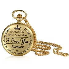 "TO MY GRANDSON" Quartz Arabic Numerals Pocket Watch Necklace From Grandparent