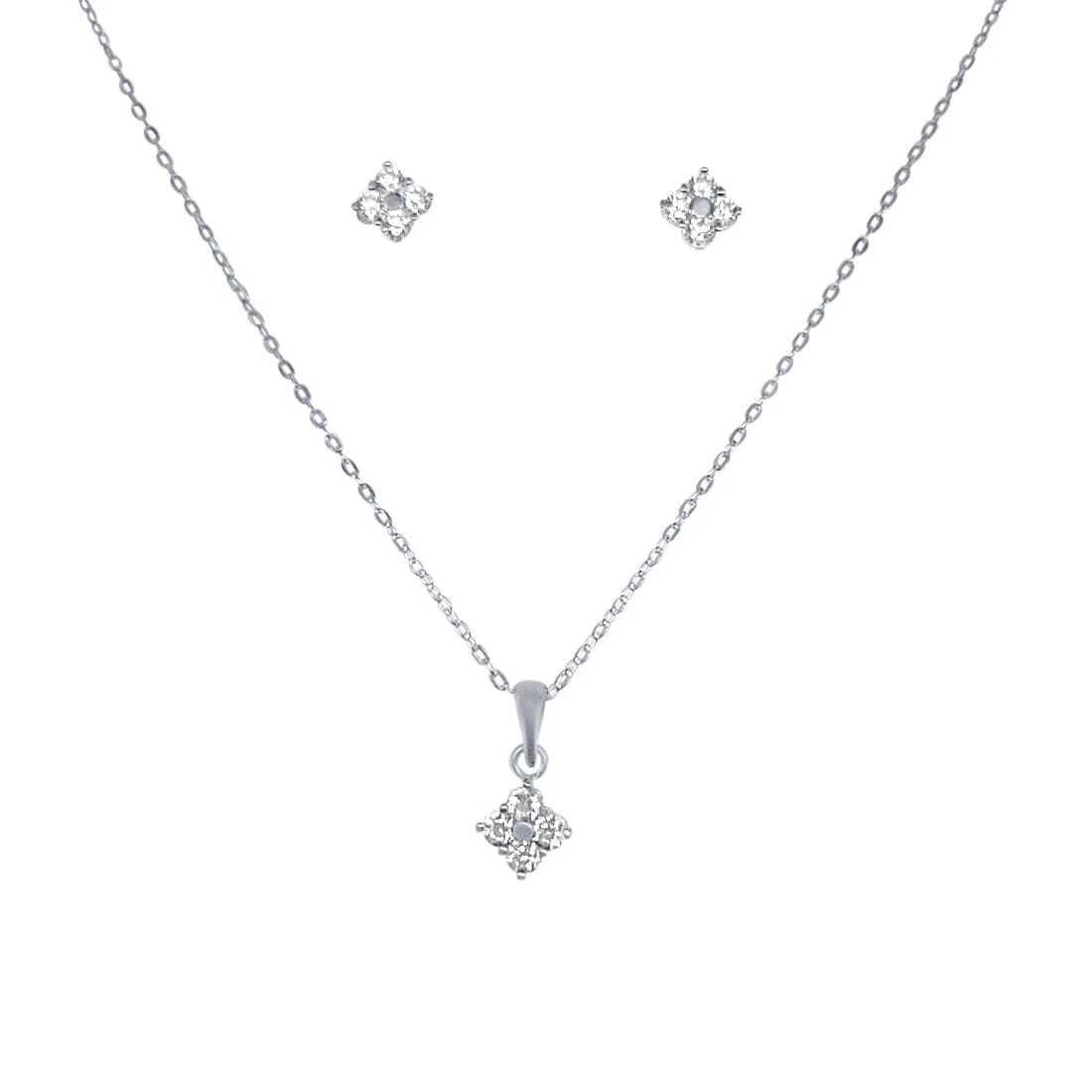 Bevilles Diamond Shaped Cluster Stud Earrings and Necklace Set with Cubic