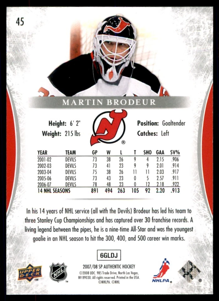 2007-08 SP Authentic Martin Brodeur #45 - Image 2 of 2