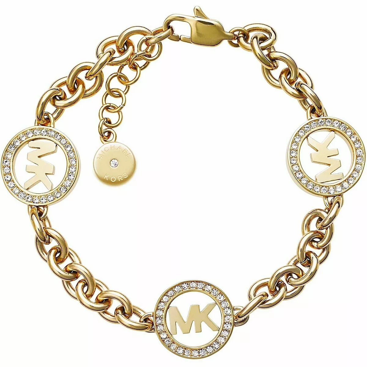 MICHAEL KORS Fulton Logo Yellow Gold Chain Bracelet Crystals MKJ4729710 MK BOX