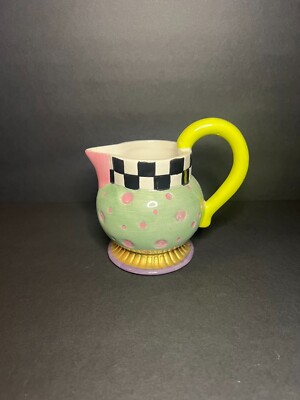 Vintage CBK LTD 1998 Hand Painted Ceramic Checkered & Polka Dot Whimsy Creamer