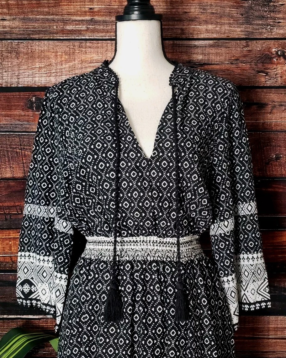 H&M Divided Dress Size 10 Peasant Smocked Waist Flared Cropped Sleeves Viscose thumbnail 4